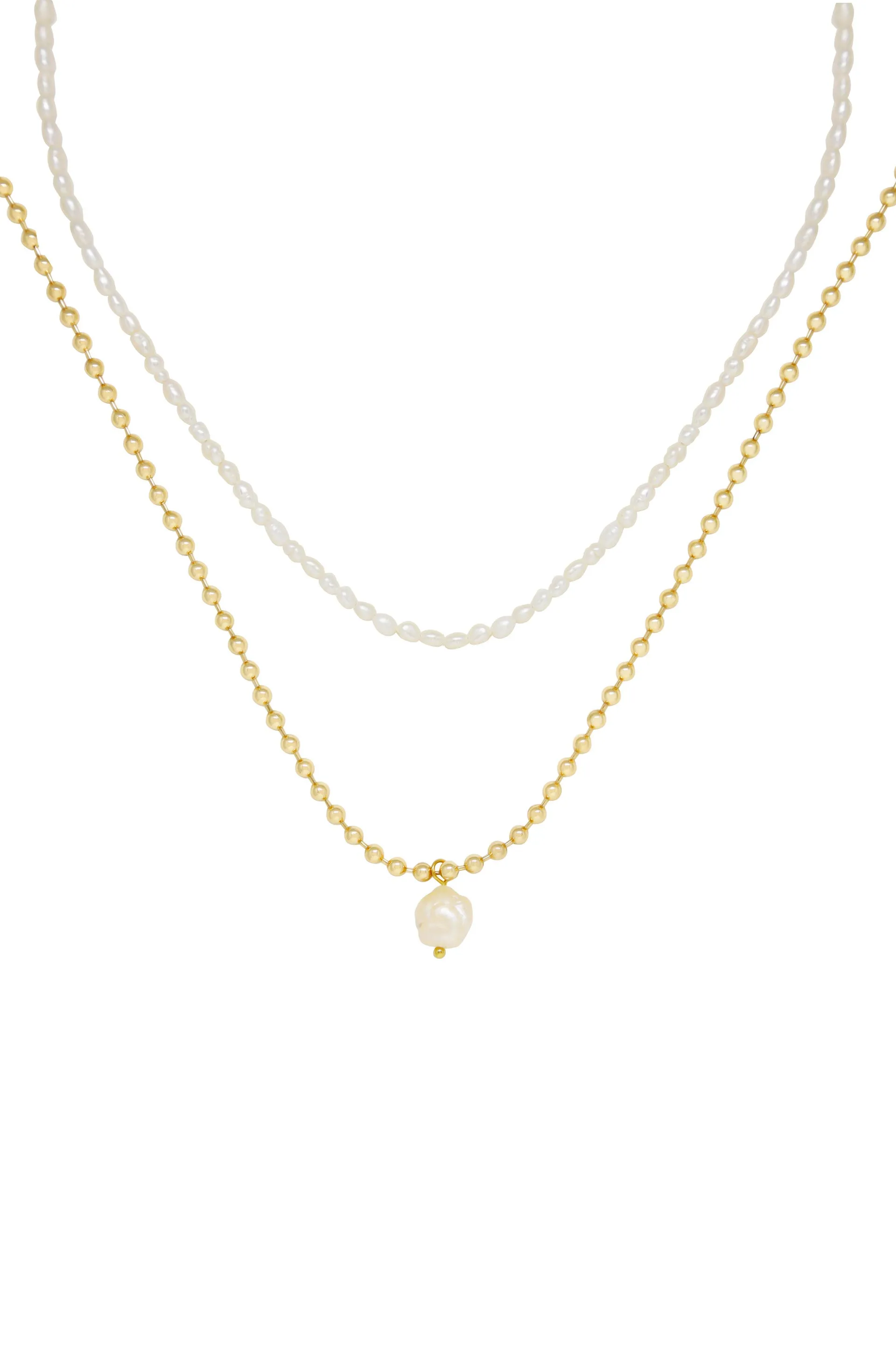 Dainty Pearl Strand and 18k Gold Plated Chain Necklace Set