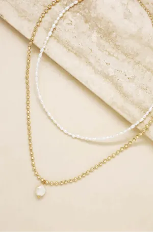 Dainty Pearl Strand and 18k Gold Plated Chain Necklace Set