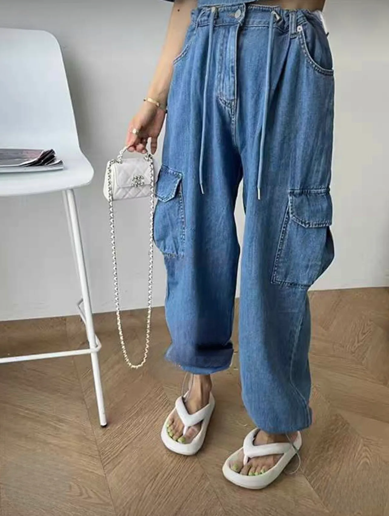 Denim Cargo Pants (Adjustable Bottom Opening)