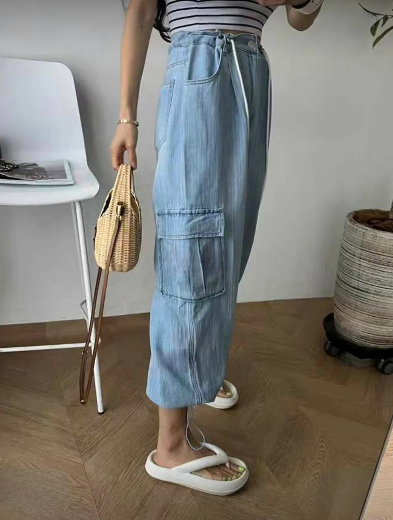 Denim Cargo Pants (Adjustable Bottom Opening)