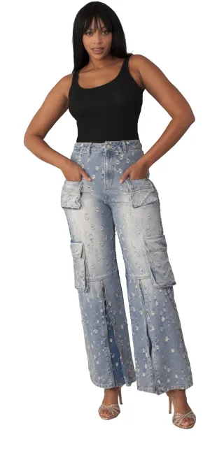Distressed Denim Cargo Jeans -82385