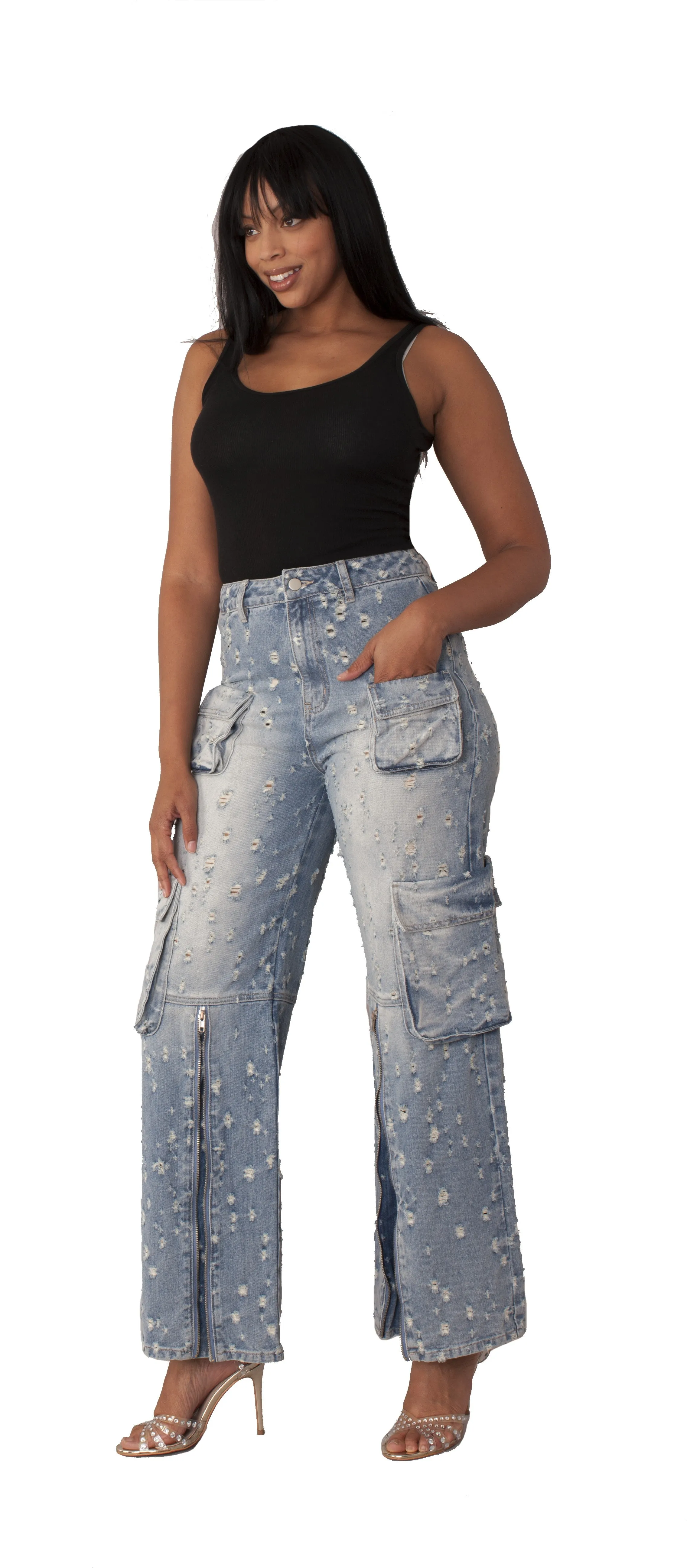 Distressed Denim Cargo Jeans -82385