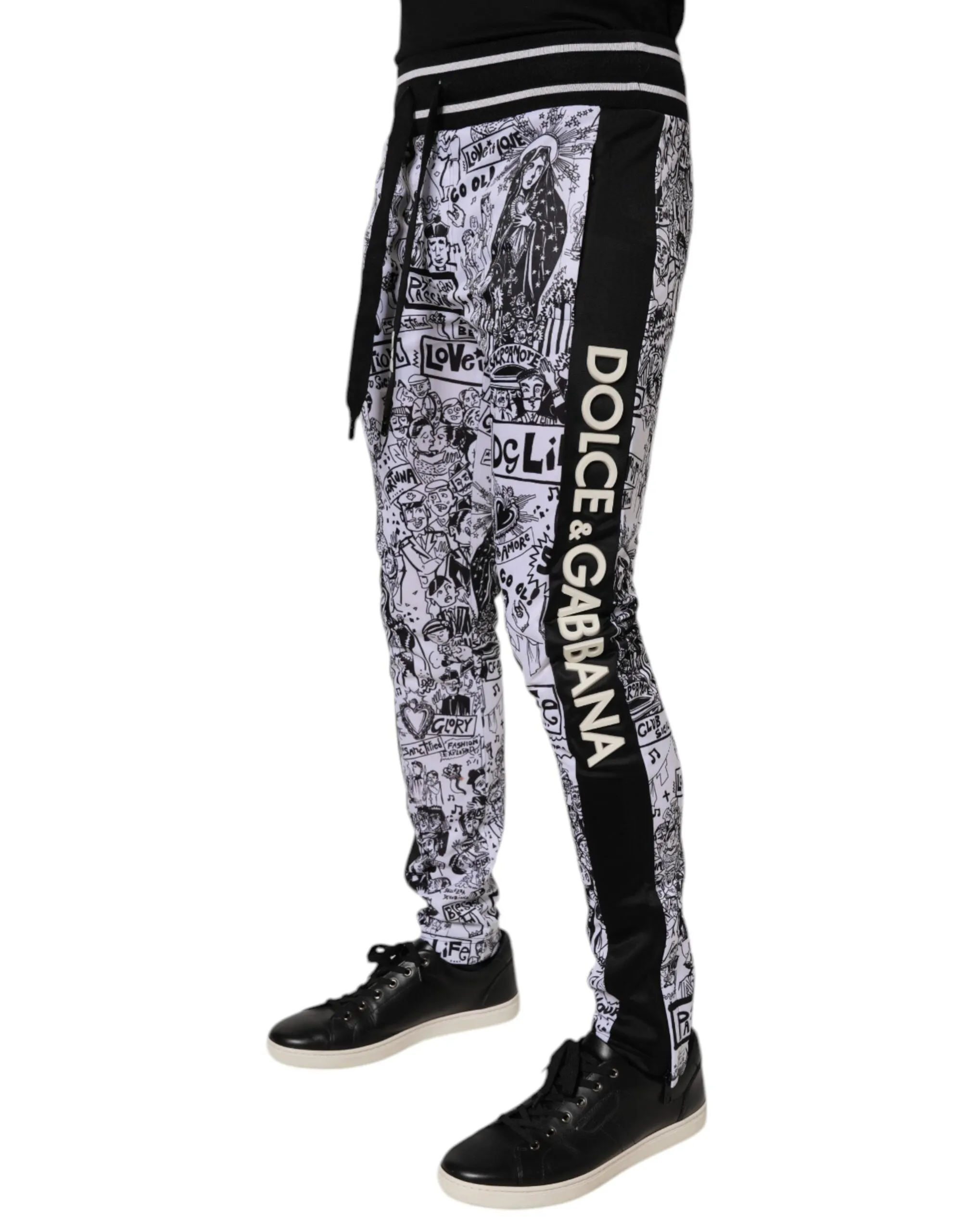Dolce & Gabbana White Graffiti Polyester Jogger Men Sweatpants Pants