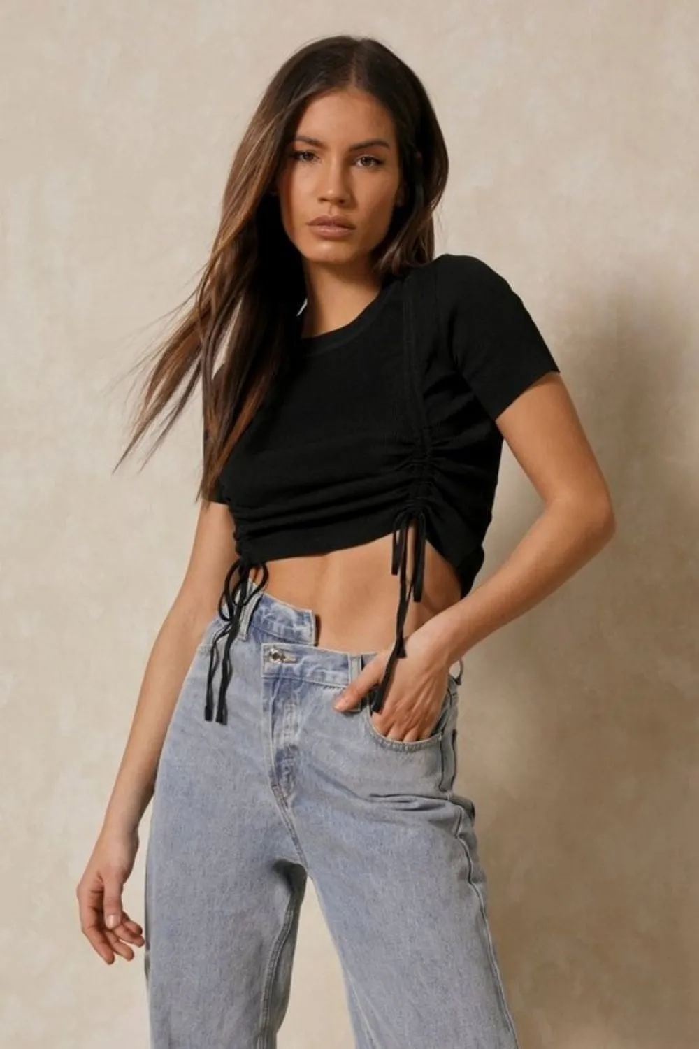 Drawstring Hem Black Crop Top