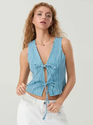 Elegant Bow Tied Front Striped Sleeveless V-neck Crop Tank
