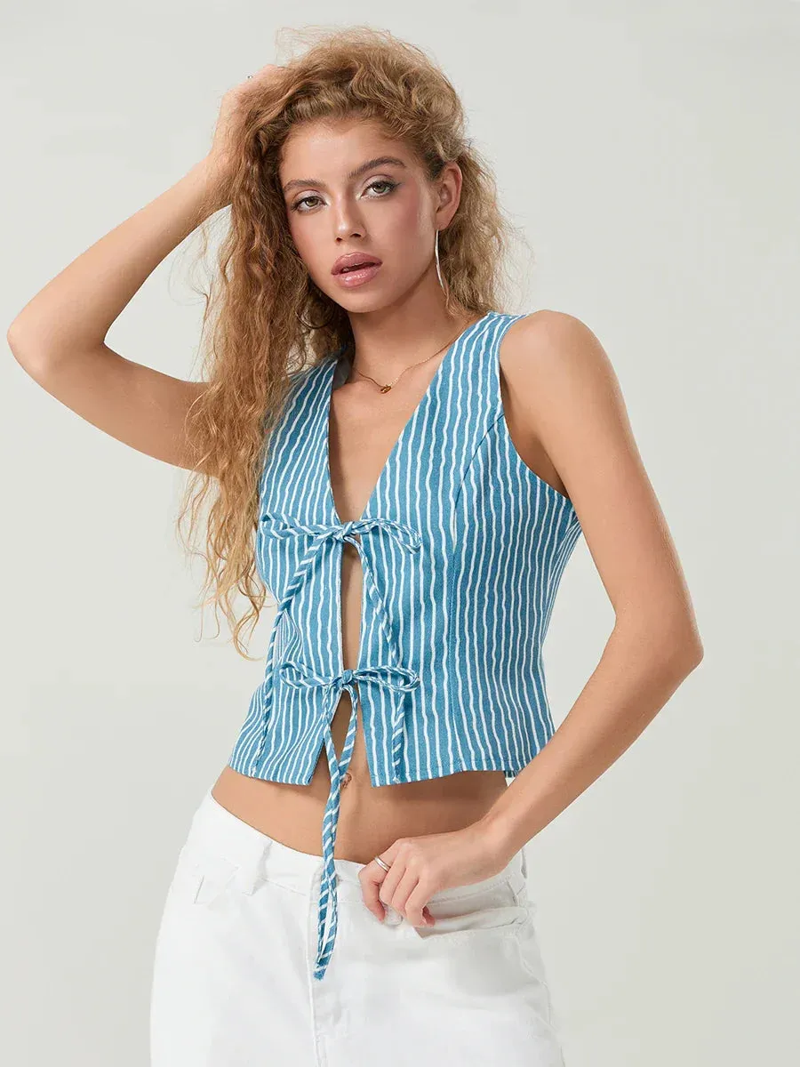 Elegant Bow Tied Front Striped Sleeveless V-neck Crop Tank