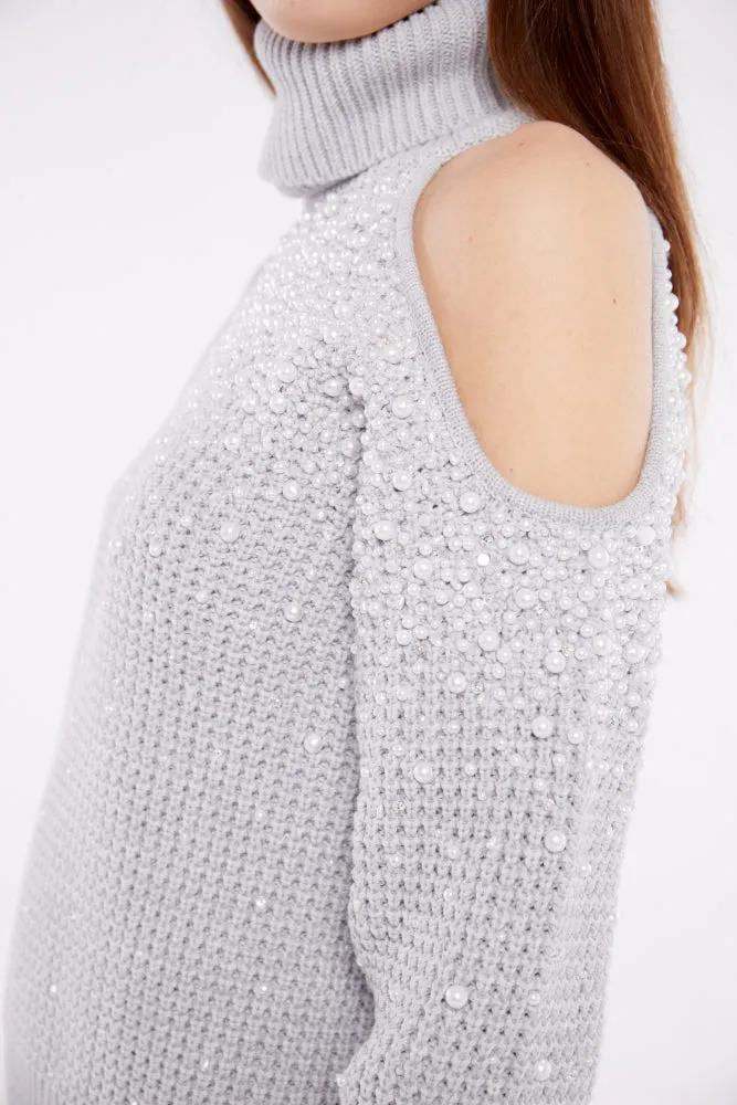 Embellished Cut Out Chunky Polo Neck Sweater in Ash