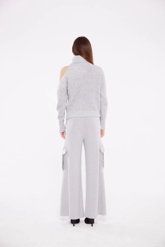 Embellished Cut Out Chunky Polo Neck Sweater in Ash