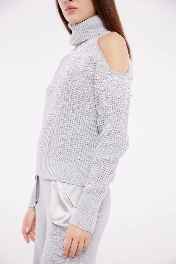 Embellished Cut Out Chunky Polo Neck Sweater in Ash