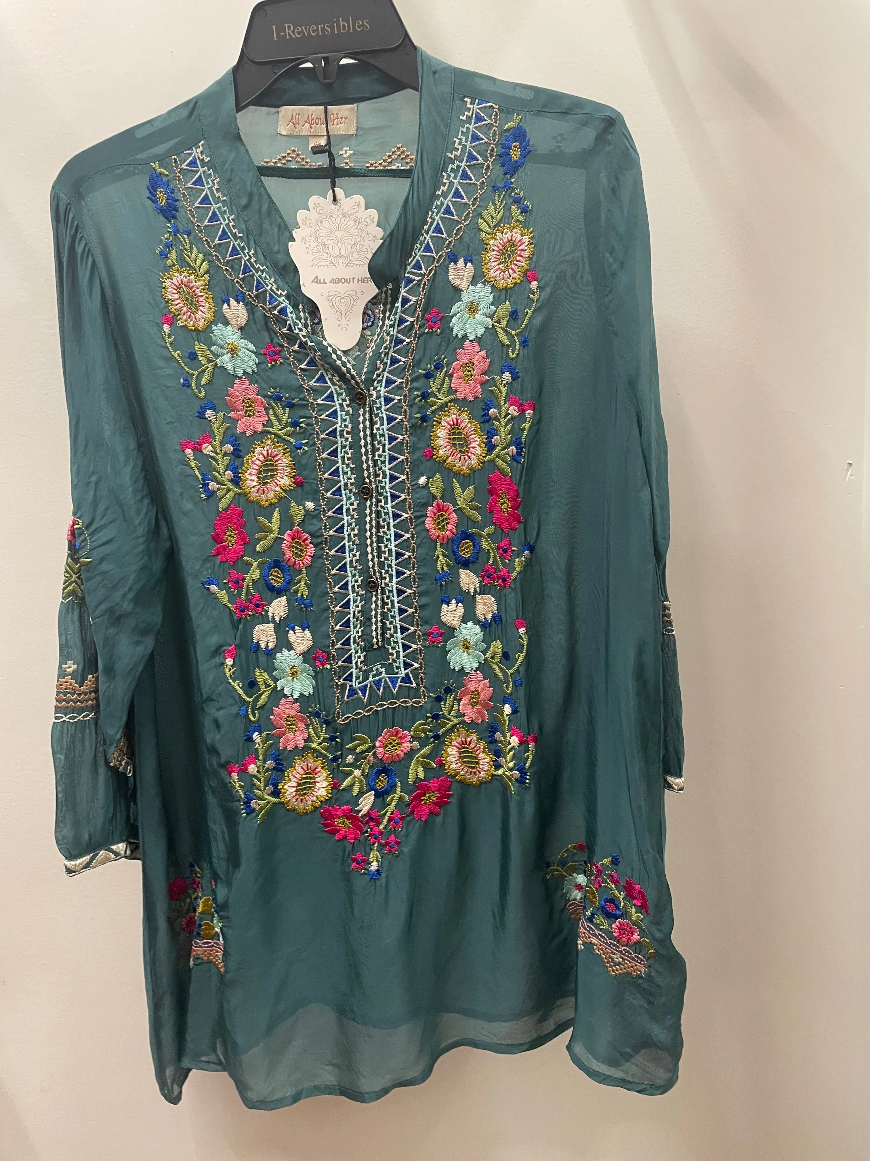 Embroidered Mandarin Collar Tunic in Teal by All About Her