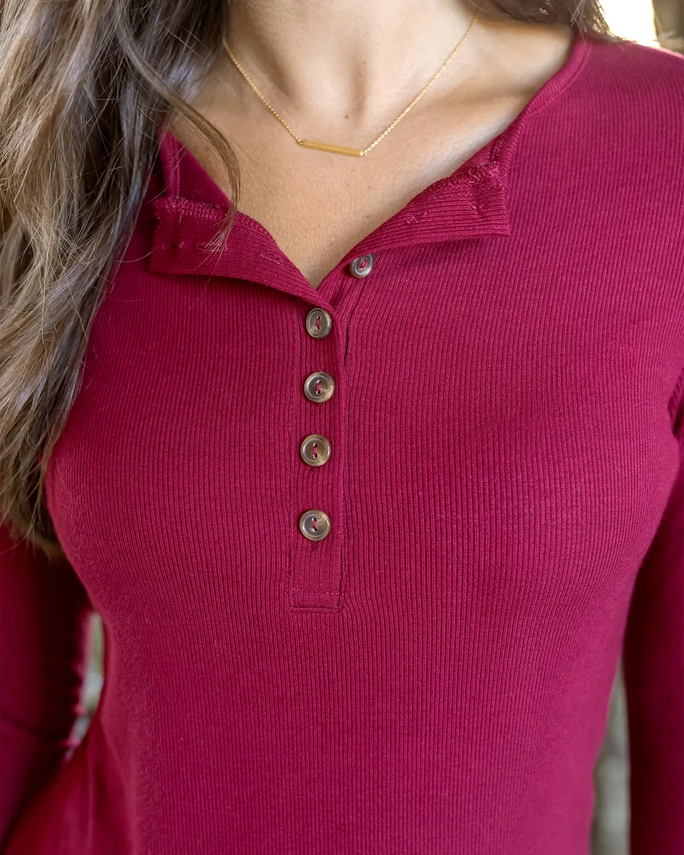 Essential Long Sleeve Henley Tee in Vintage Red