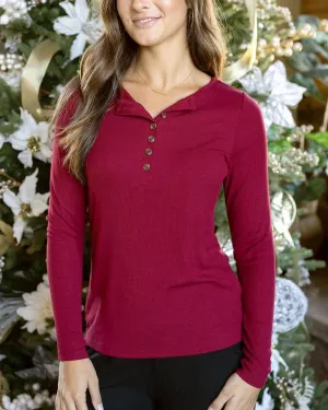 Essential Long Sleeve Henley Tee in Vintage Red