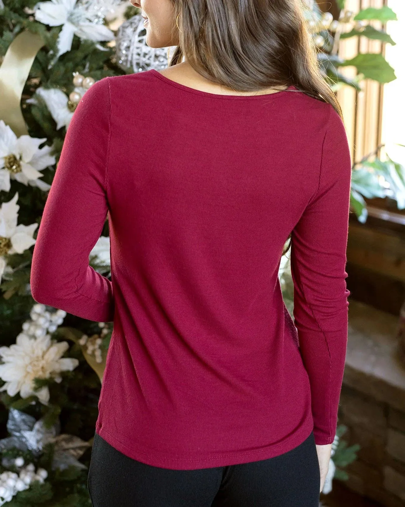 Essential Long Sleeve Henley Tee in Vintage Red
