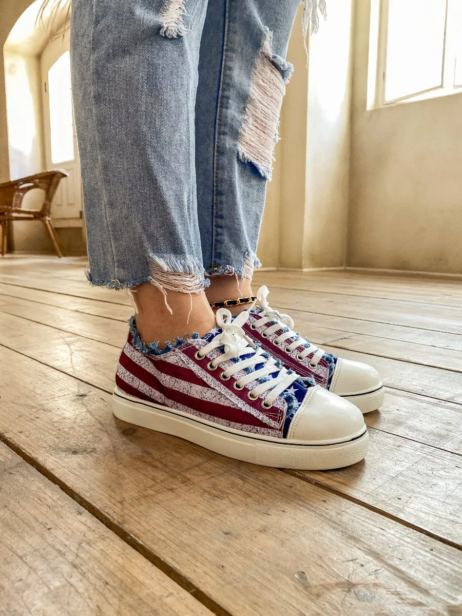 Flag Print Denim Sneaker - Blue Red