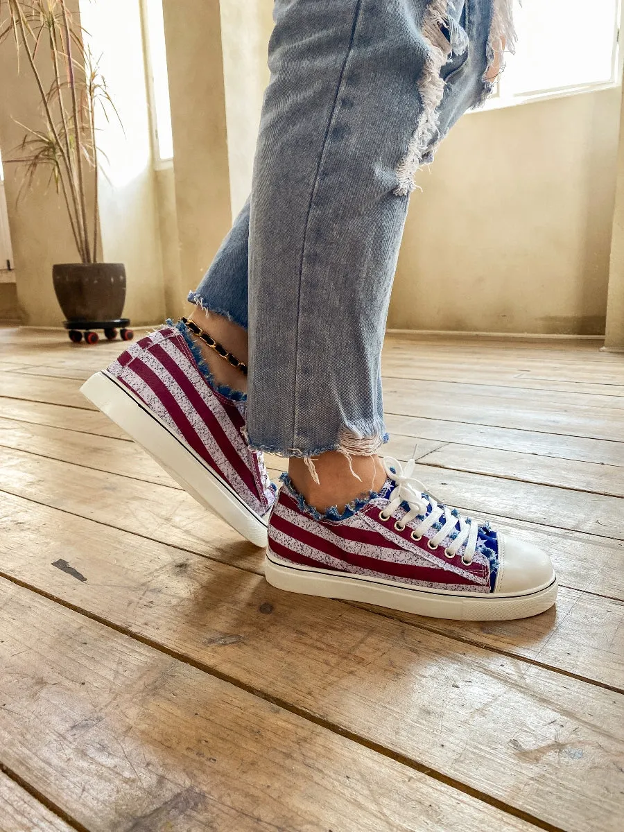 Flag Print Denim Sneaker - Blue Red