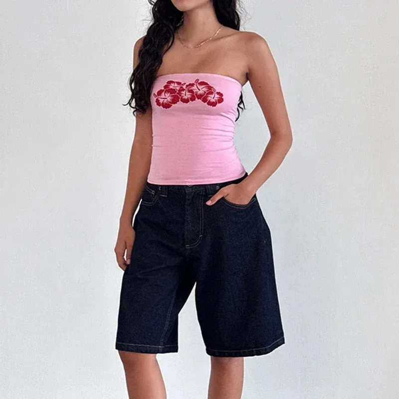 Floral Strapless Bandeau Backless Sleeveless Fairy Coquette Off Shoulder Crop Top