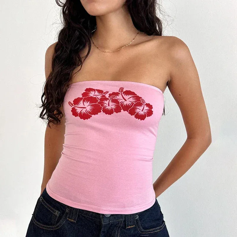 Floral Strapless Bandeau Backless Sleeveless Fairy Coquette Off Shoulder Crop Top