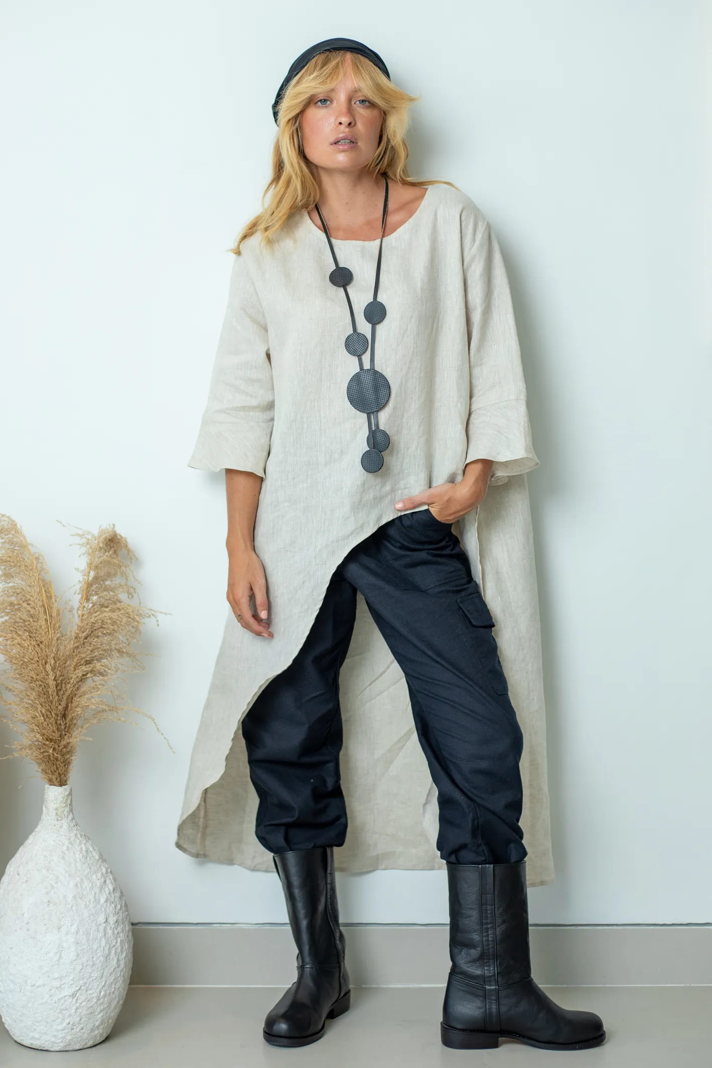 'Florence' Long Sleeve Linen Top - Natural