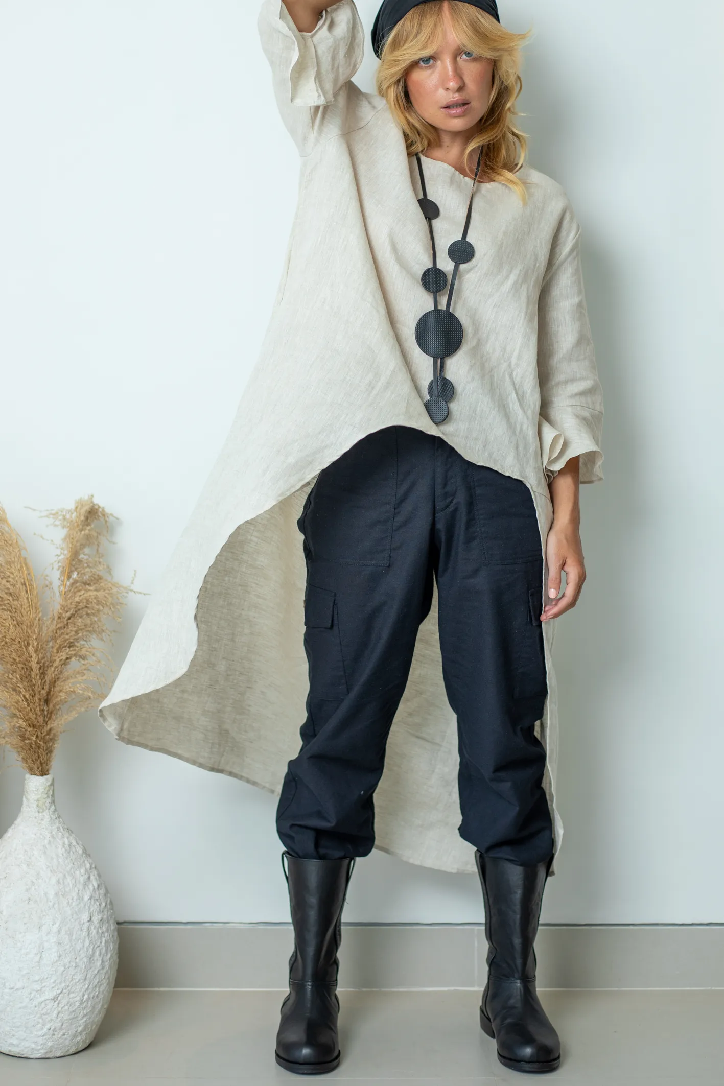'Florence' Long Sleeve Linen Top - Natural