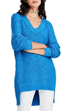 Free People Womens Sunday Scoop Oversized Hi-Low Tunic Sweater Blue L