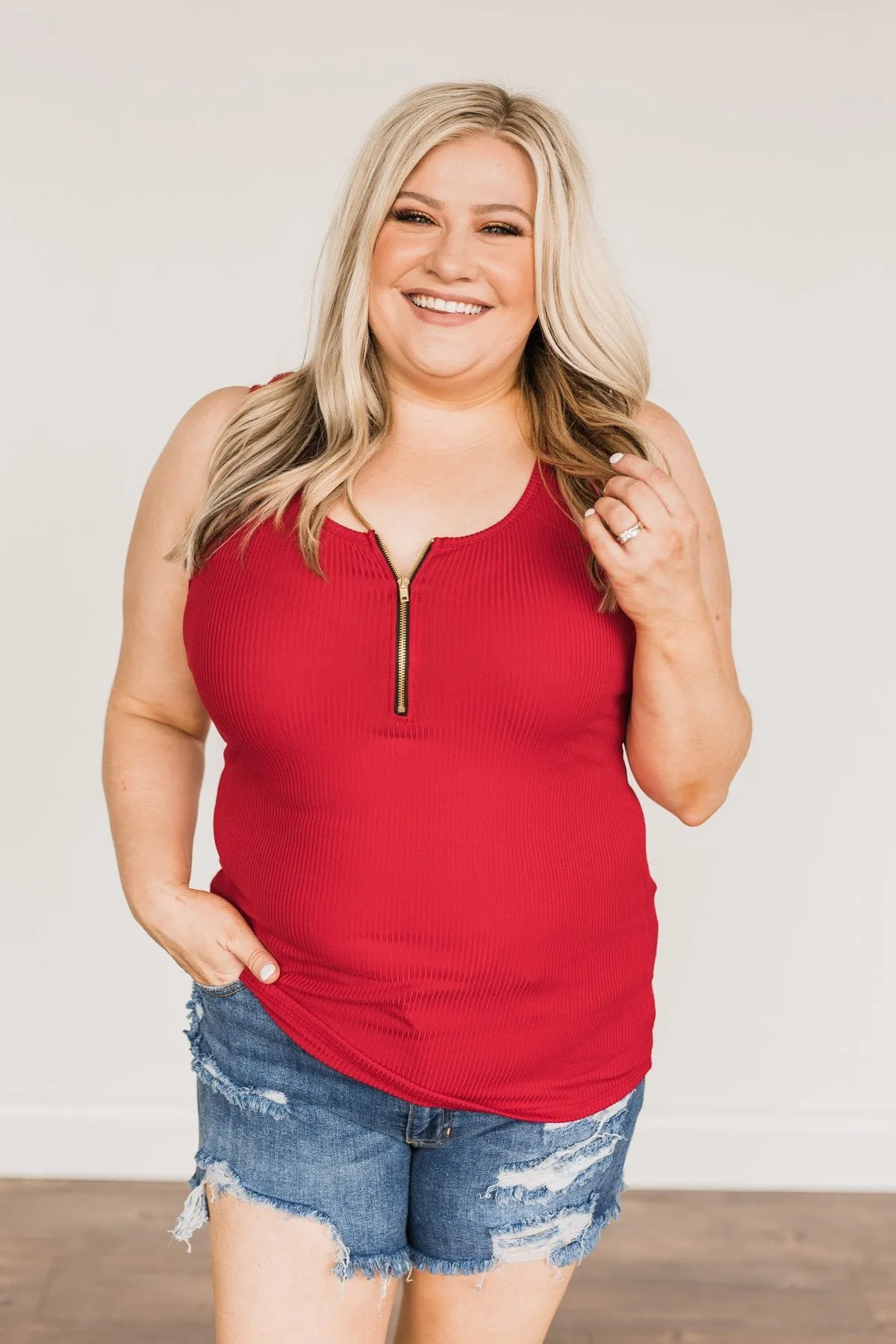 Freedom Is Here Zipper Henley Tank Top- Scarlet Red