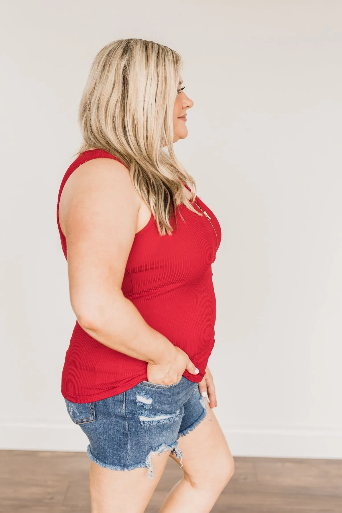 Freedom Is Here Zipper Henley Tank Top- Scarlet Red