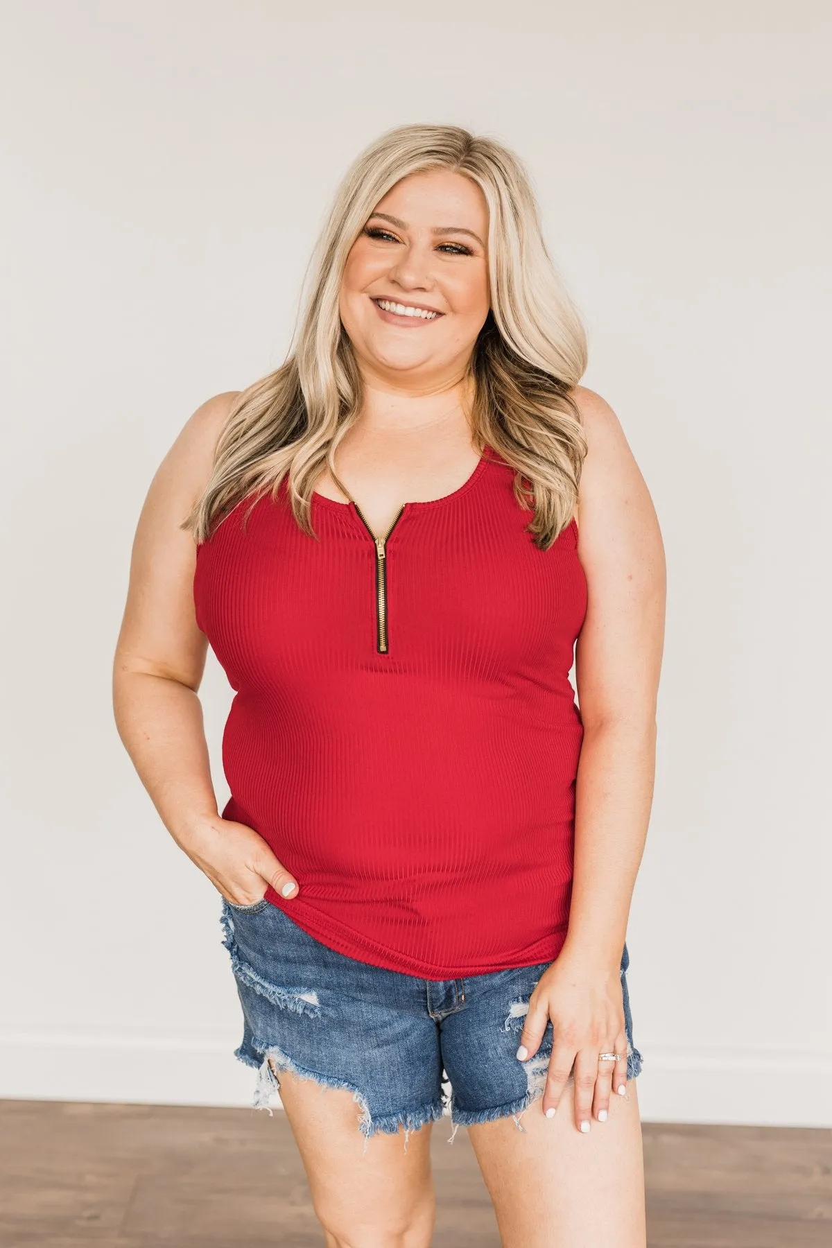 Freedom Is Here Zipper Henley Tank Top- Scarlet Red