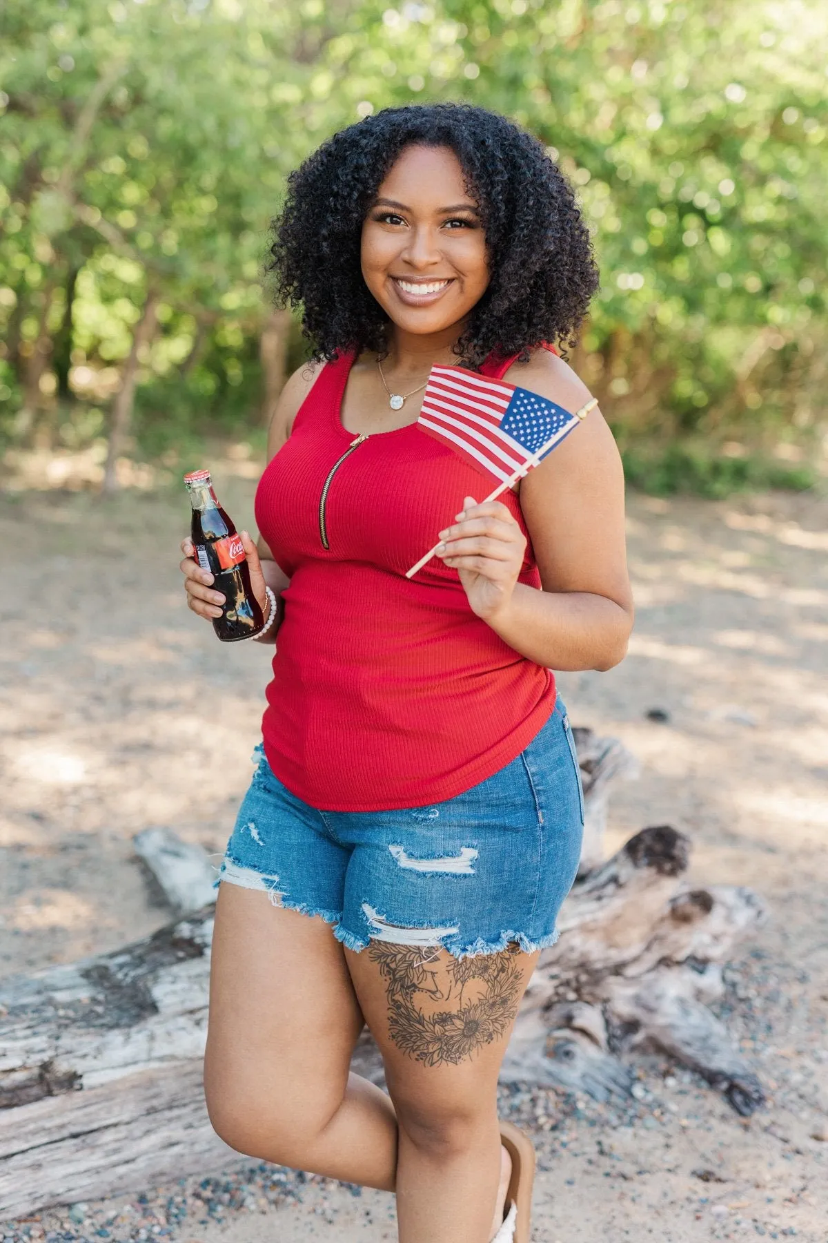 Freedom Is Here Zipper Henley Tank Top- Scarlet Red