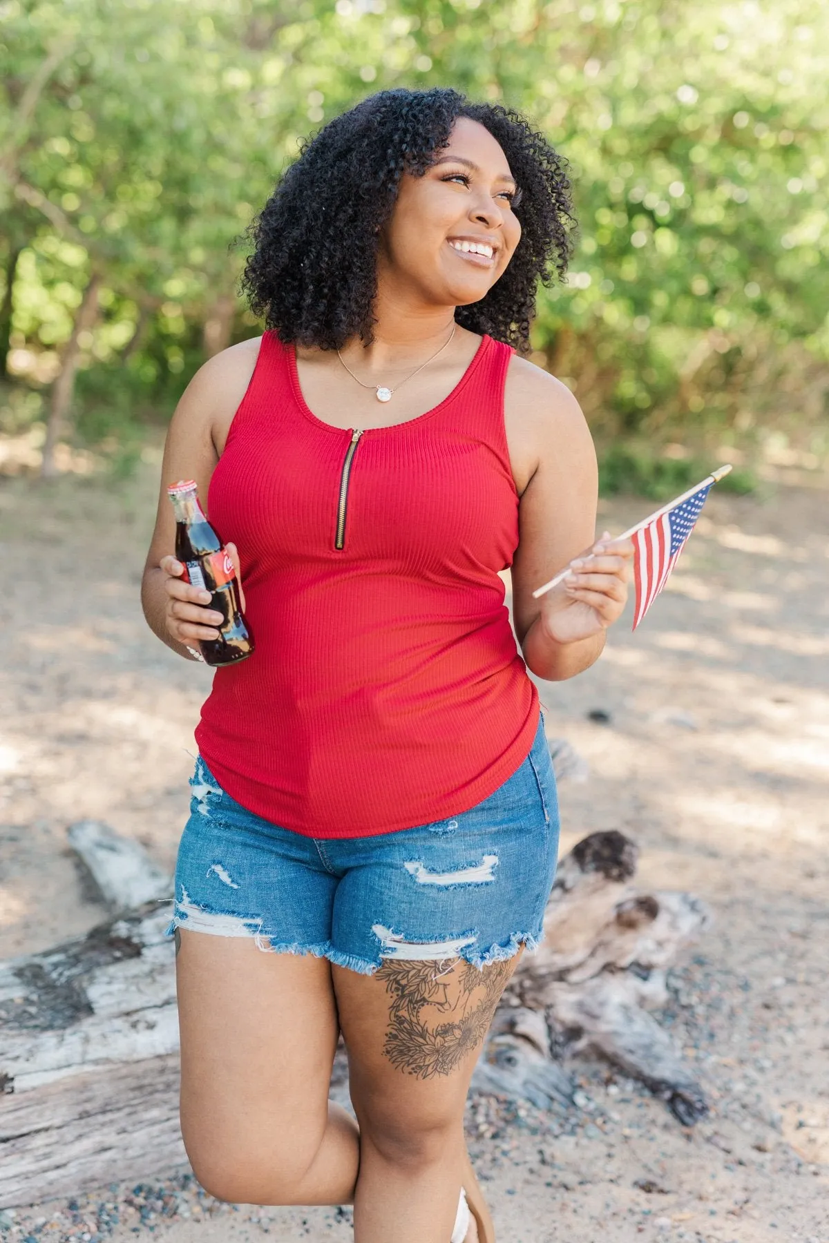 Freedom Is Here Zipper Henley Tank Top- Scarlet Red