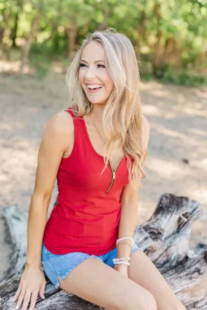 Freedom Is Here Zipper Henley Tank Top- Scarlet Red
