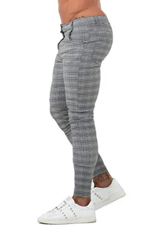 GINGTTO Mens Chinos Pants Skinny Fit Dress Pants Grey Plaid Twill Pants for Men 34