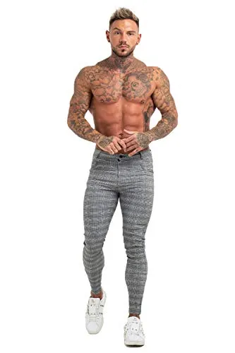 GINGTTO Mens Chinos Pants Skinny Fit Dress Pants Grey Plaid Twill Pants for Men 34