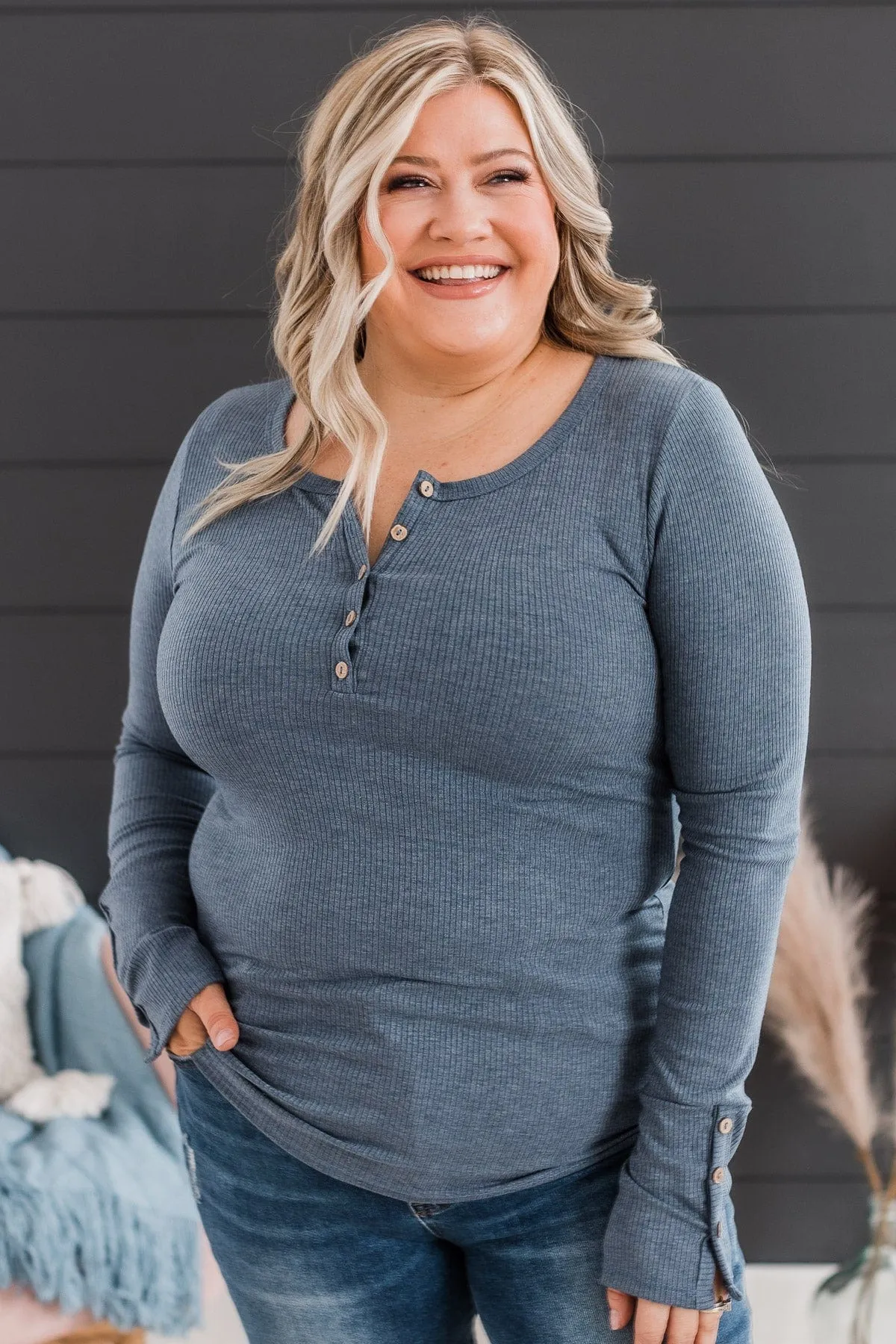 Give Your Best Long Sleeve Henley Top- Denim Blue