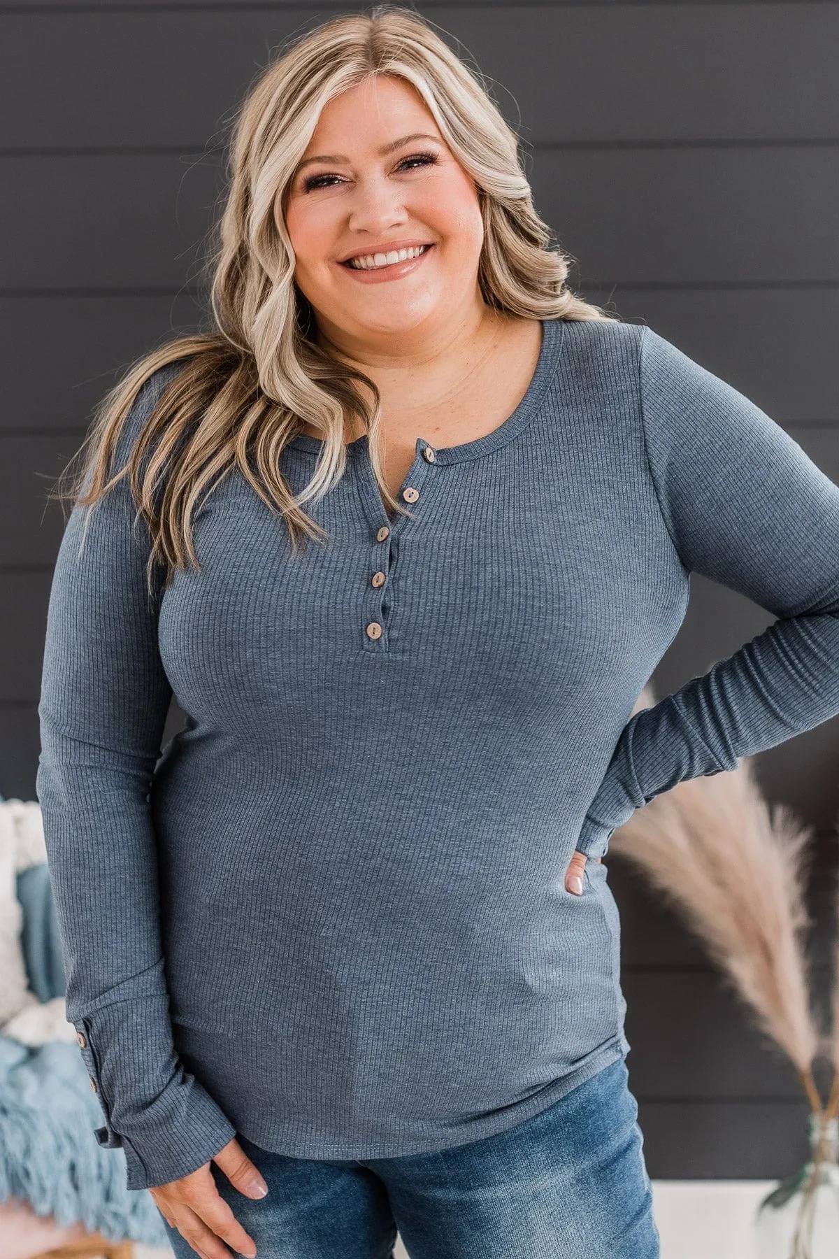 Give Your Best Long Sleeve Henley Top- Denim Blue