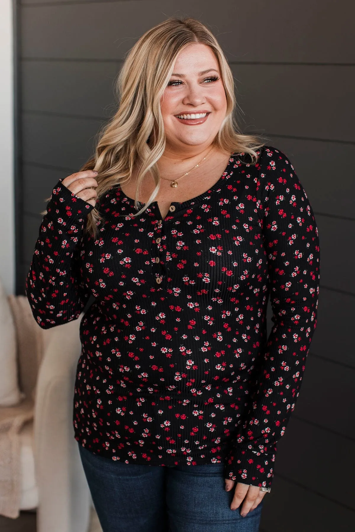 Going Along Floral Henley Top- Black & Red