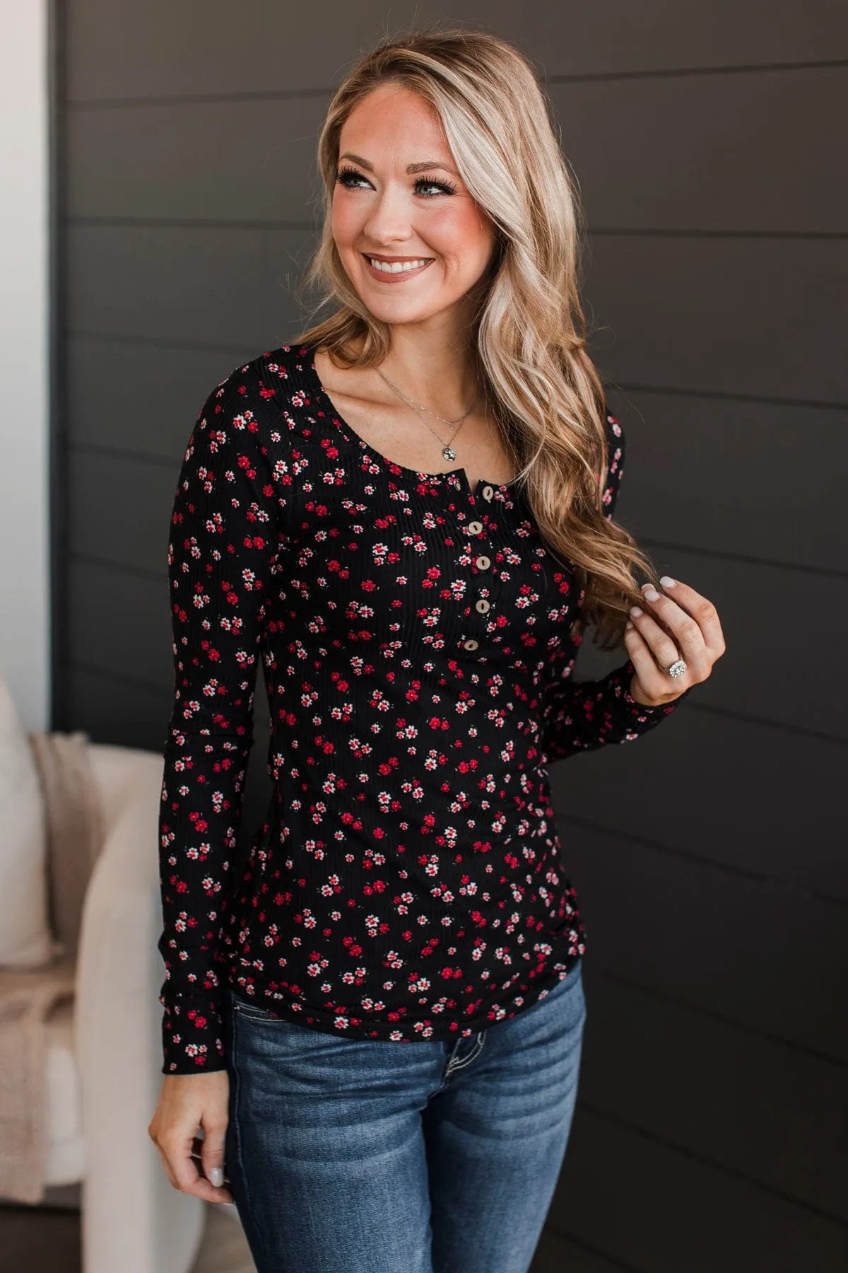 Going Along Floral Henley Top- Black & Red