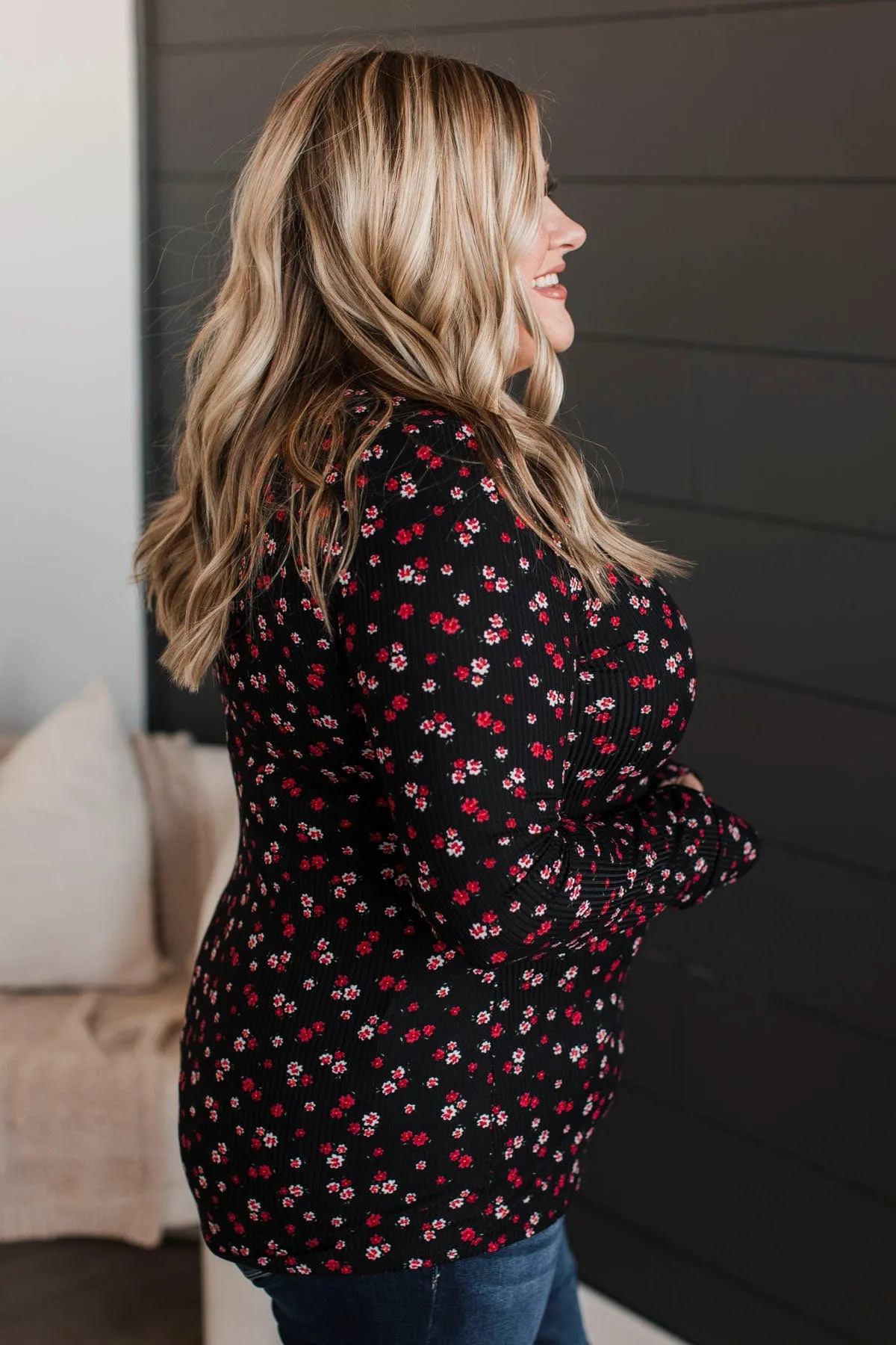 Going Along Floral Henley Top- Black & Red