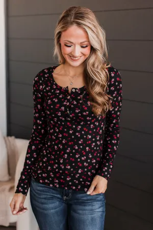 Going Along Floral Henley Top- Black & Red