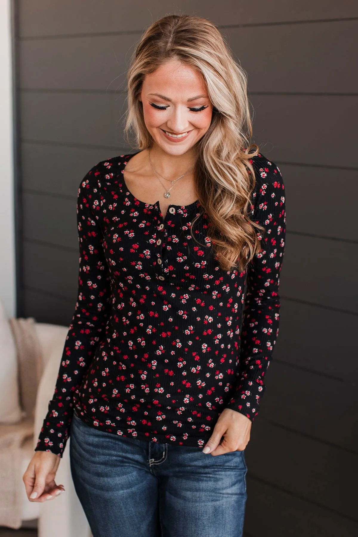 Going Along Floral Henley Top- Black & Red