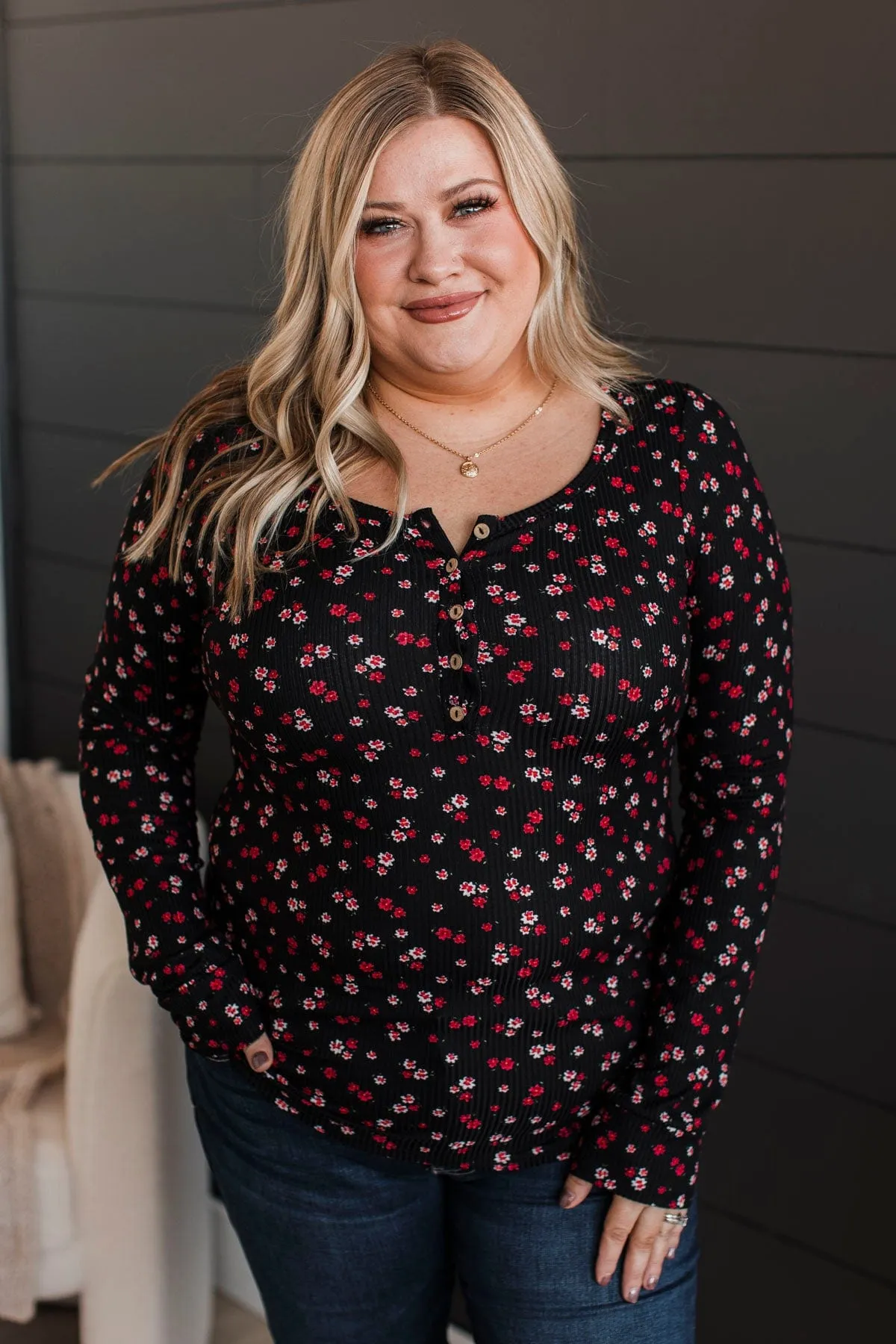 Going Along Floral Henley Top- Black & Red