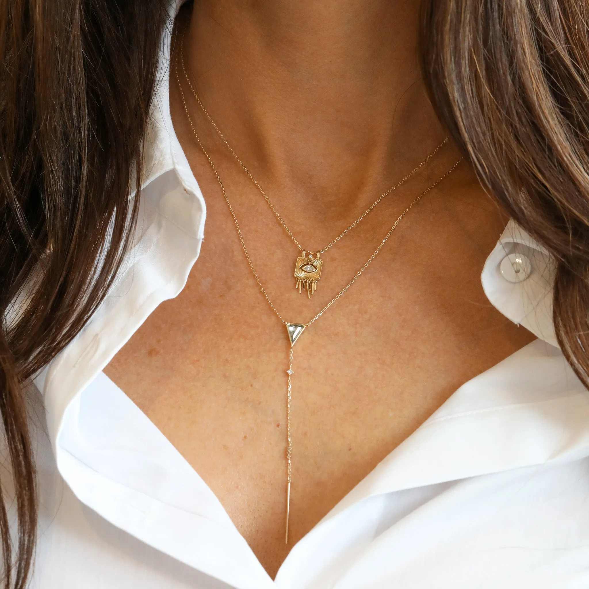 Gold Engraved Plate Necklace with Oval Diamond Eye and Gold Drop Fringes