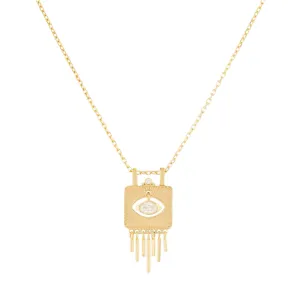 Gold Engraved Plate Necklace with Oval Diamond Eye and Gold Drop Fringes
