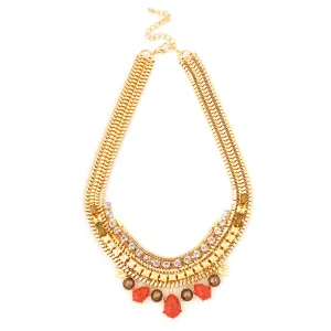 GOLD-MULTI CORAL WITH WHITE CRYSTAL NECKLACE   #FW1404413 (SHOWROOM)