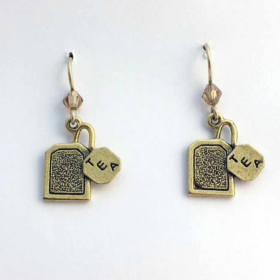 Gold tone Pewter & 14k gf tea bag dangle  Earrings- tea lover- teabag, tea bags