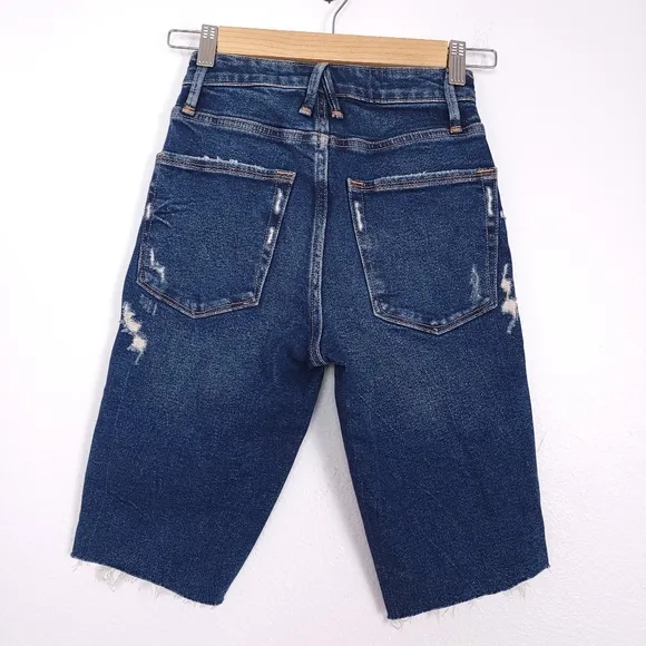 Good American High Waist Denim Bermuda Shorts Raw Hem Distressed Size 00/24