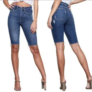 Good American High Waist Denim Bermuda Shorts Raw Hem Distressed Size 00/24