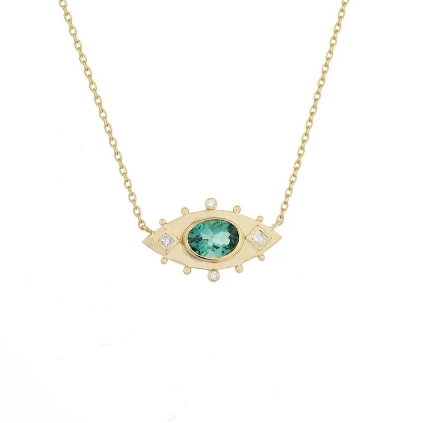 Green Tourmaline Oval Eye and Square Diamonds Chain Necklace