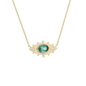 Green Tourmaline Oval Eye and Square Diamonds Chain Necklace