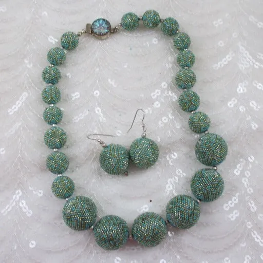 Handmade Aqua Beaded Bead Necklace &  Earrings