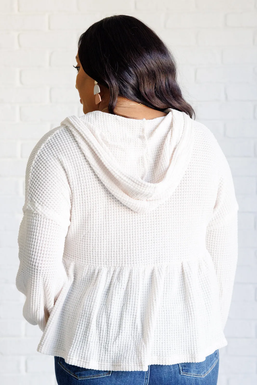 Holly Henley Hoodie - White Waffle Knit, Peplum Design, Drawstring Closure